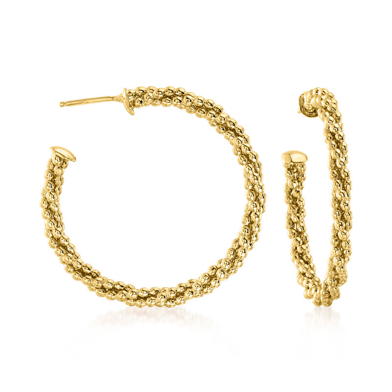 C. 1990 Vintage 14kt Yellow Gold Twisted Beaded Hoop Earrings. 1 1/8" image number 0