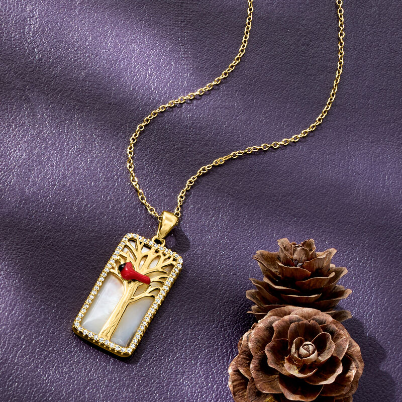 Mother-of-Pearl and .30 ct. t.w. White Topaz Cardinal Pendant Necklace with Multicolored Enamel in 18kt Gold Over Sterling image number 2