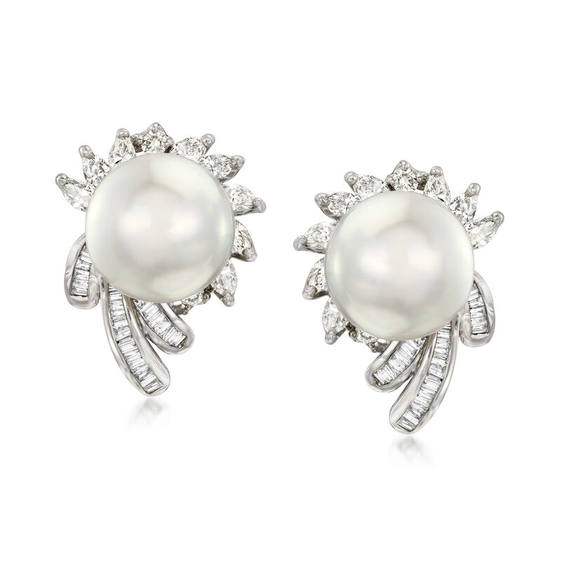 C. 1980 Vintage 13mm Cultured Pearl and 2.44 ct. t.w. Diamond Cluster Earrings in 18kt White Gold image number 0