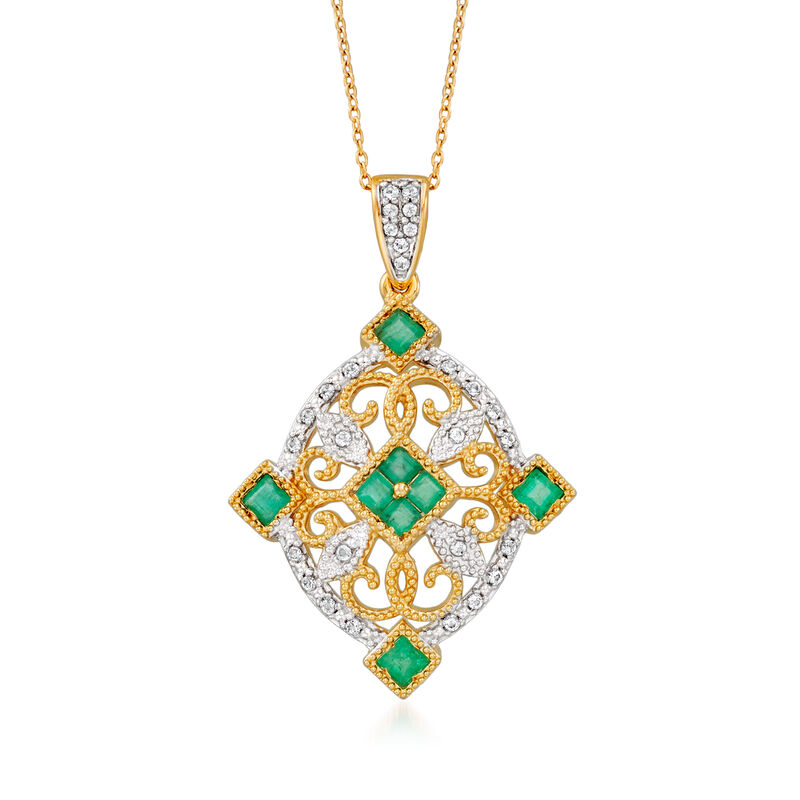 1.02 ct. t.w. Emerald and .39 ct. t.w. White Zircon Pendant Necklace in 18kt Gold Over Sterling image number 0