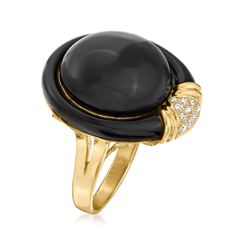 C. 1970 Vintage Black Onyx Ring with Diamond Accents in 14kt Yellow Gold image number 2