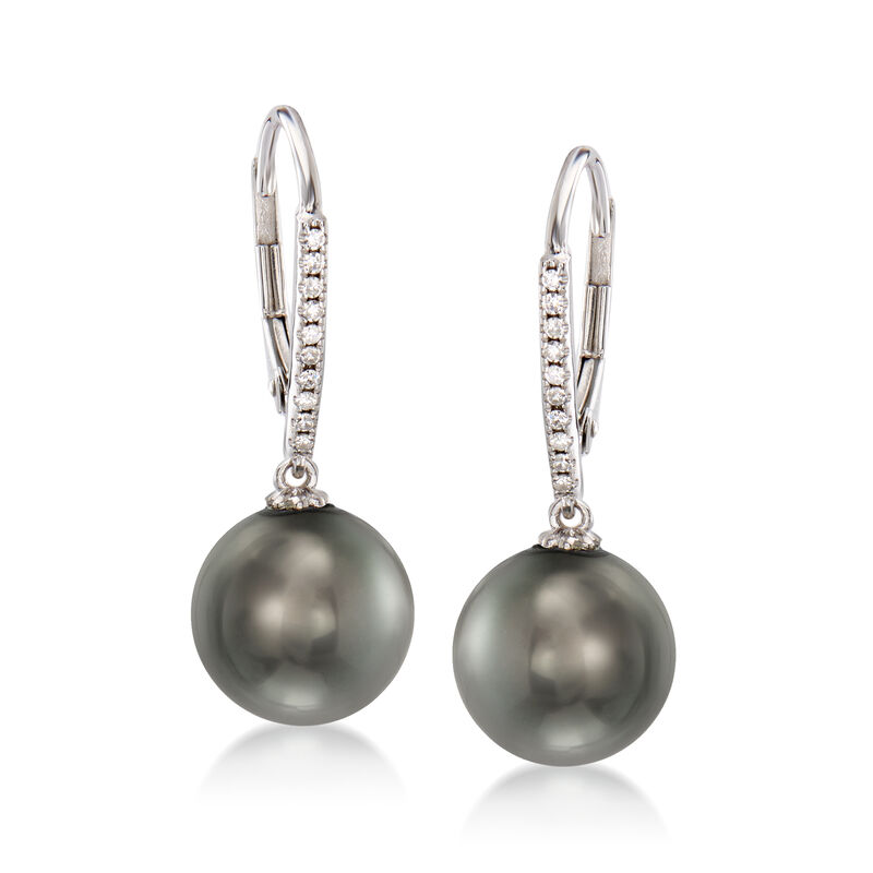 9-9.5mm Black Cultured Tahitian Pearl and .11 ct. t.w. Diamond Earrings in 14kt White Gold image number 0