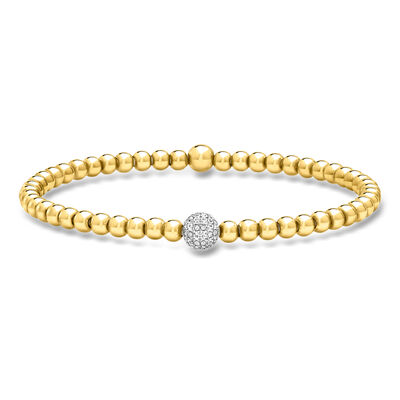 4mm 18kt Gold Over Sterling Bead Stretch Bracelet with .10 ct. t.w. Lab-Grown Diamond Station in Sterling Silver