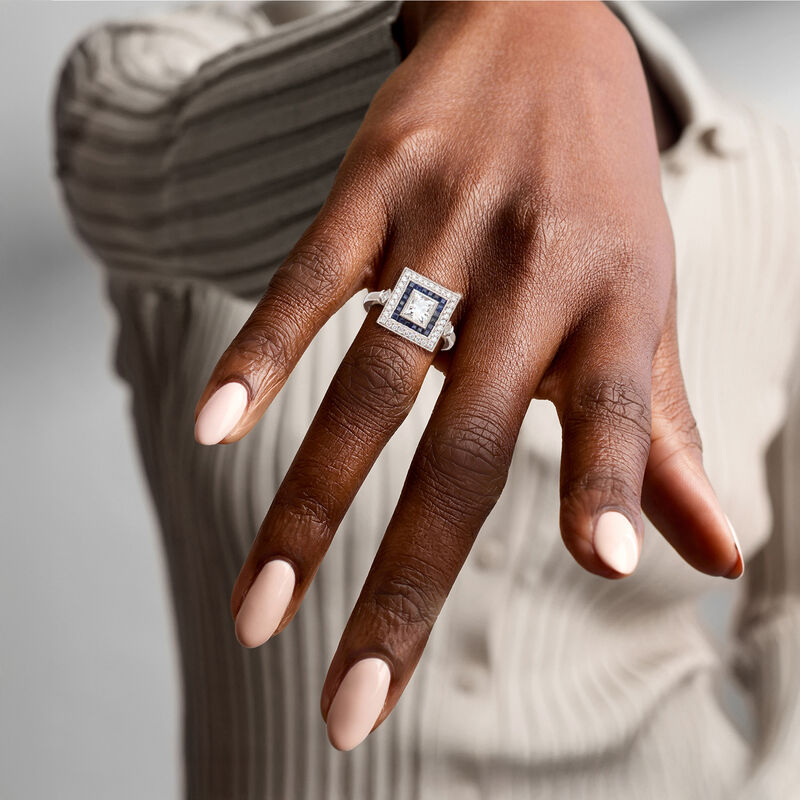 C. 2020 Vintage .93 ct. t.w. Diamond and .59 ct. t.w. Sapphire Square Ring in Platinum. Size 6 image number 1