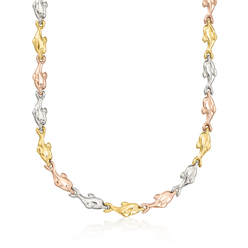 C. 1980 Vintage 14kt Tri-Colored Gold Dolphin-Link Necklace. 18" image number 0