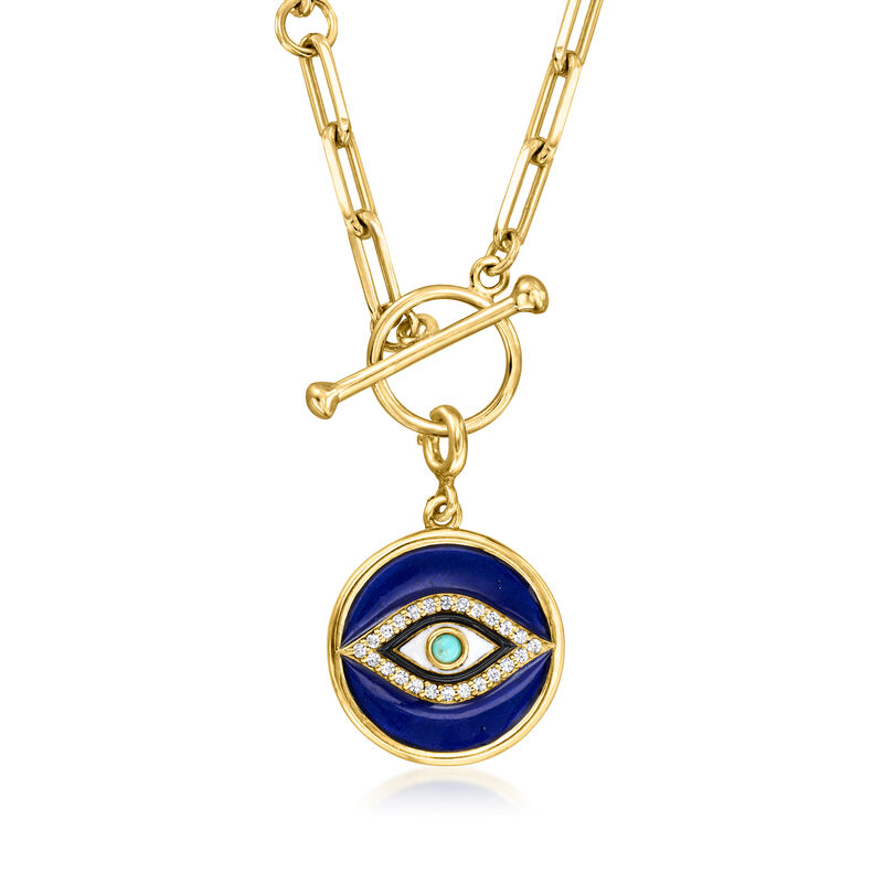 .70 ct. t.w. White Topaz, Turquoise and Multicolored Enamel Evil Eye Charm in 18kt Gold Over Sterling image number 2