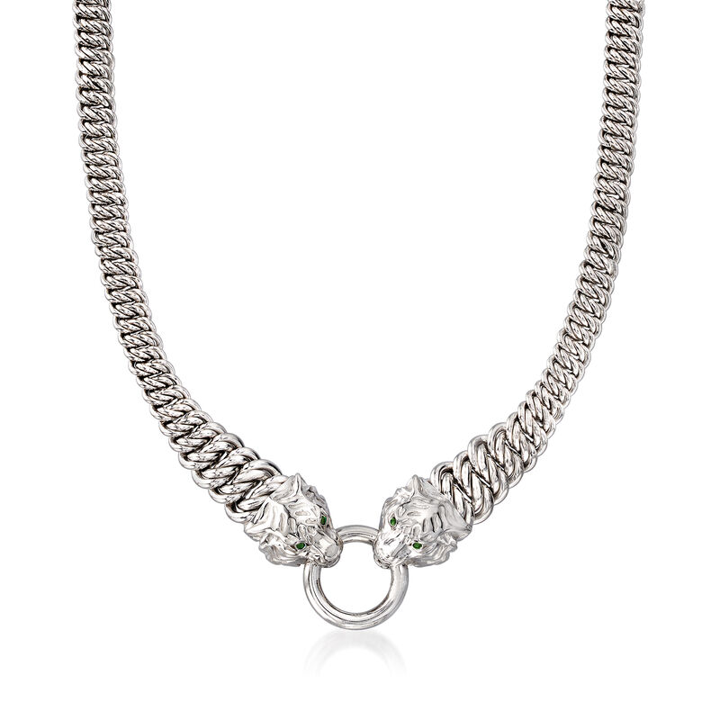 Italian Sterling Silver Panther Necklace with Green Enamel image number 0