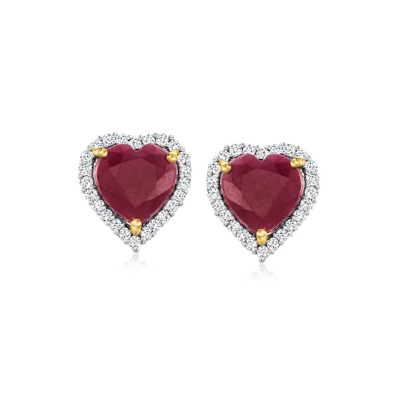 5.25 ct. t.w. Ruby and .38 ct. t.w. Diamond Heart Stud Earrings in 14kt Yellow Gold  image number 0
