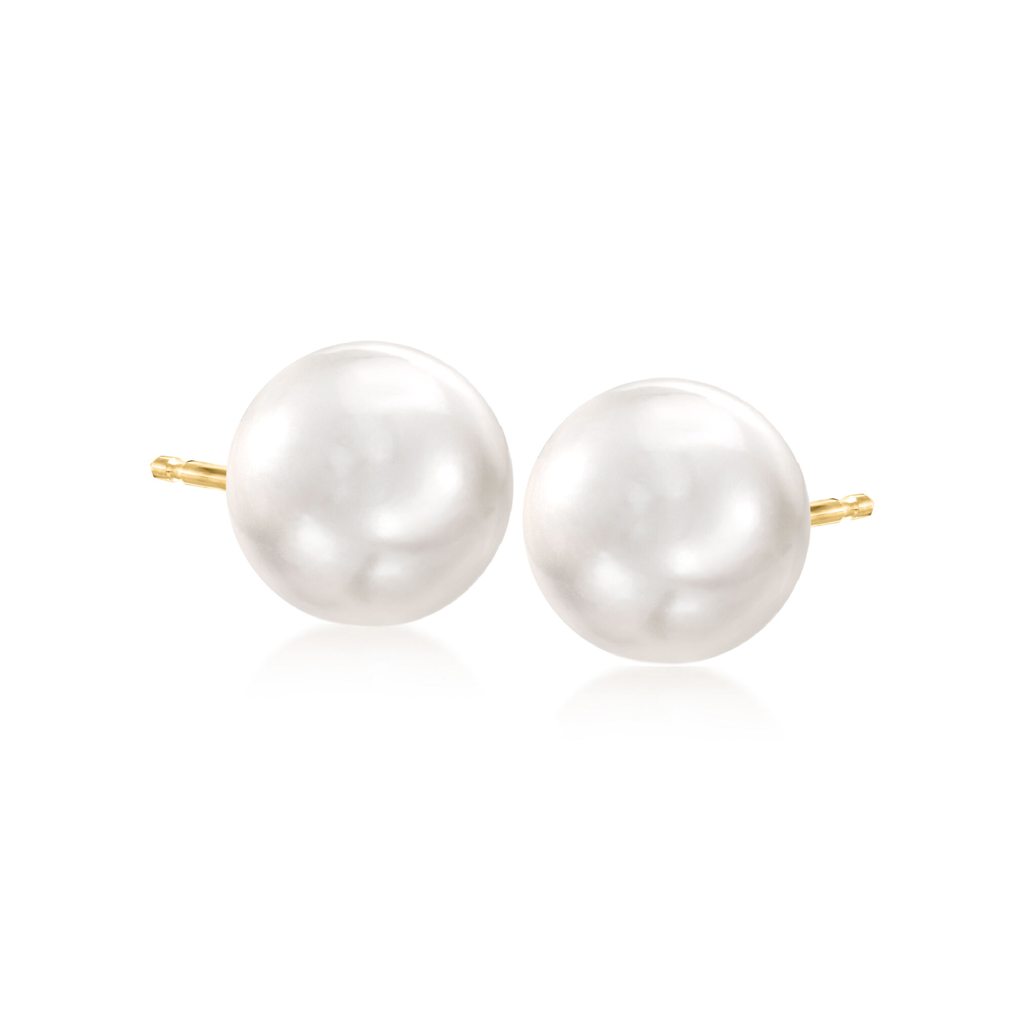 14K Yellow Gold 11 12mm White Button Cultured Pearl Stud Earrings
