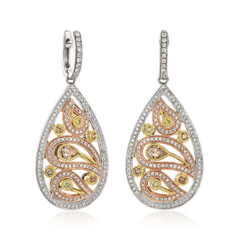 C. 1990 Vintage 2.57 ct. t.w. Multicolored Diamond Hoop Drop Earrings in 18kt Tri-Colored Gold image number 0