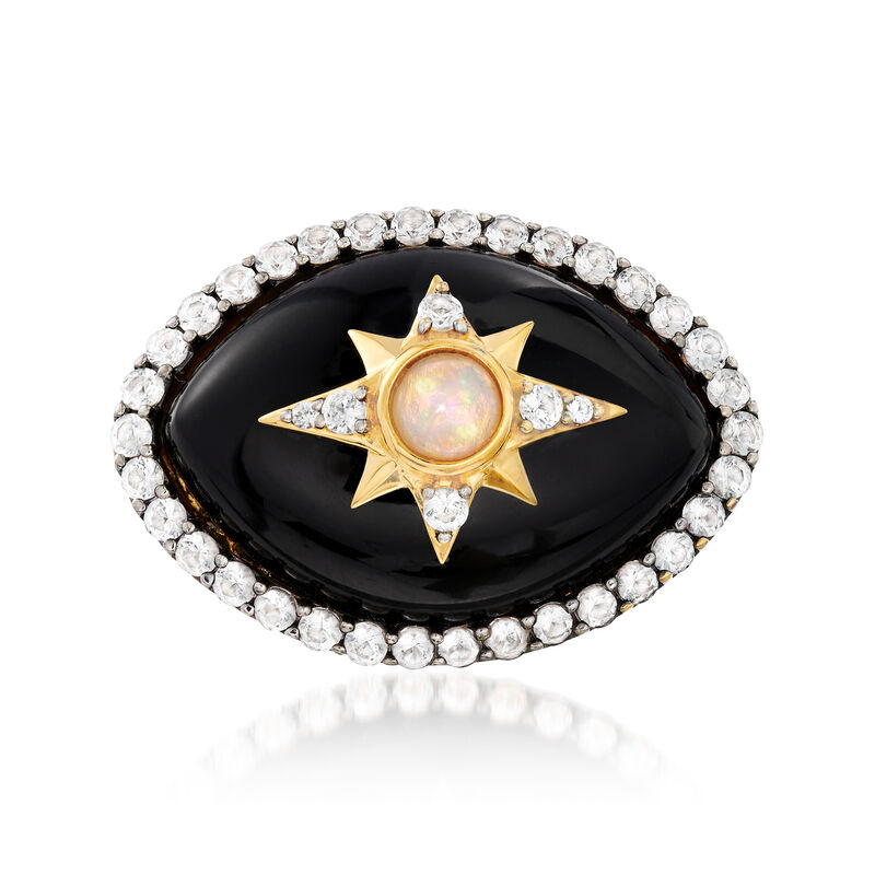 Black Onyx, Opal and 1.90 ct. t.w. White Topaz Ring in 18kt Yellow Gold Over Sterling Silver image number 0