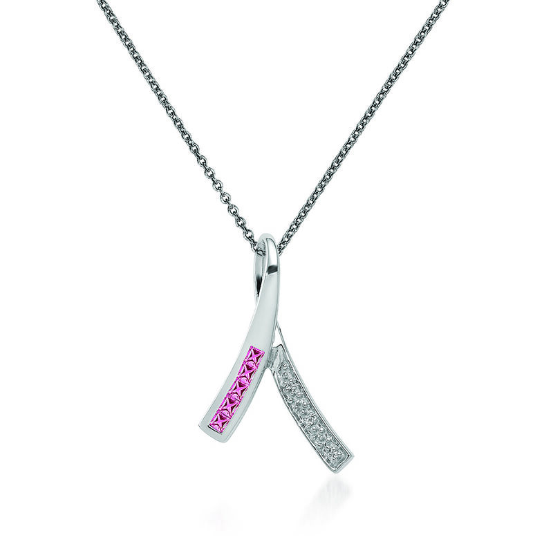 Pink Sapphire and Diamond-Accented Breast Cancer Awareness Pendant Necklace in 14kt White Gold. 18&quot; image number 0