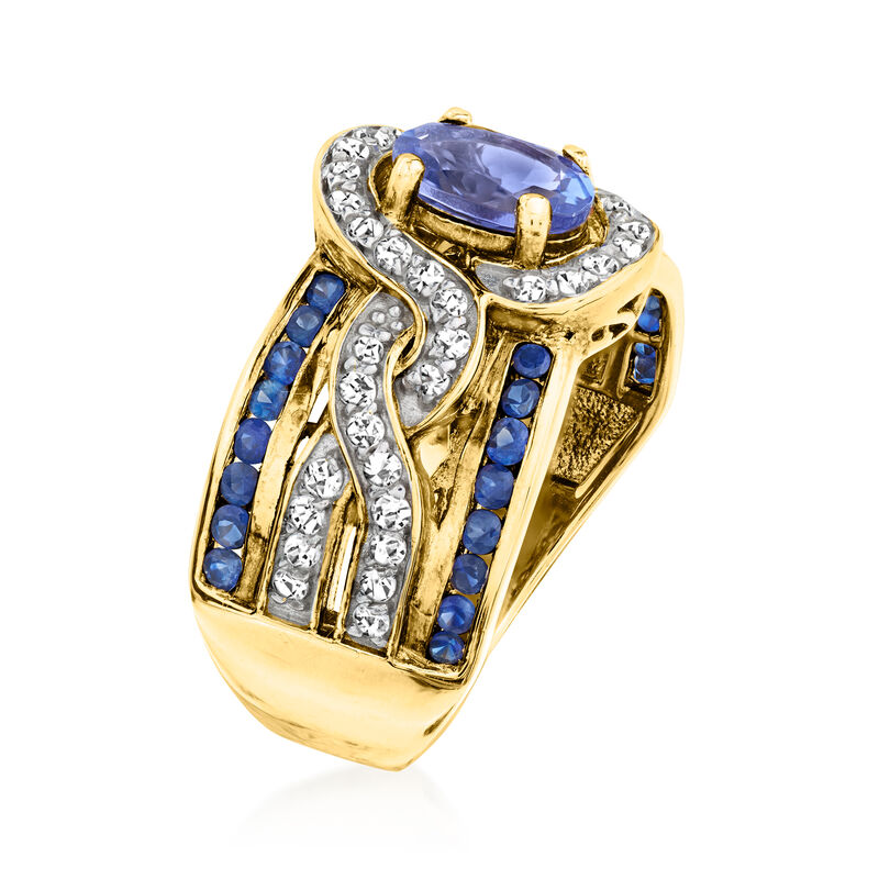 .80 Carat Tanzanite and .60 ct. t.w. Sapphire Ring with .30 ct. t.w. White Zircon in 18kt Gold Over Sterling image number 2