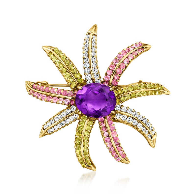 C. 1980 Vintage 11.50 Carat Amethyst and 5.90 ct. t.w. Multi-Gemstone Burst Pin with 1.50 ct. t.w. Diamonds in 18kt Yellow Gold  image number 0