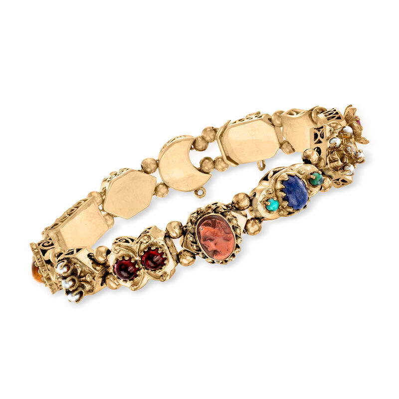 C. 1960 Vintage 1.03 ct. t.w. Multi-Gemstone Slide Charm Bracelet with Seed Pearls in 14kt Yellow Gold image number 0
