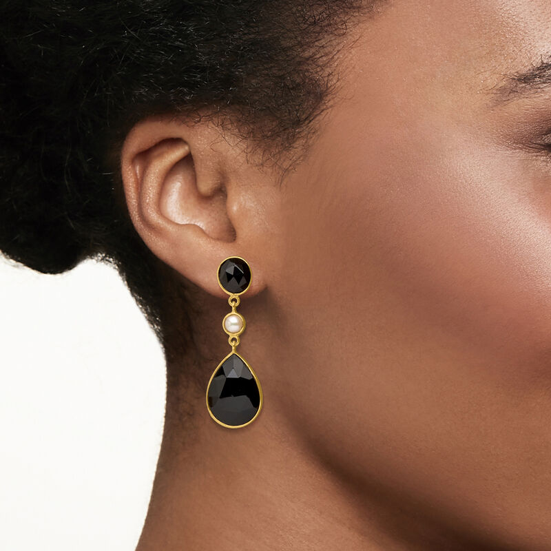 Black Onyx and 5mm Cultured Freshwater Button Pearl Drop Earrings in 18kt Gold Over Sterling image number 1