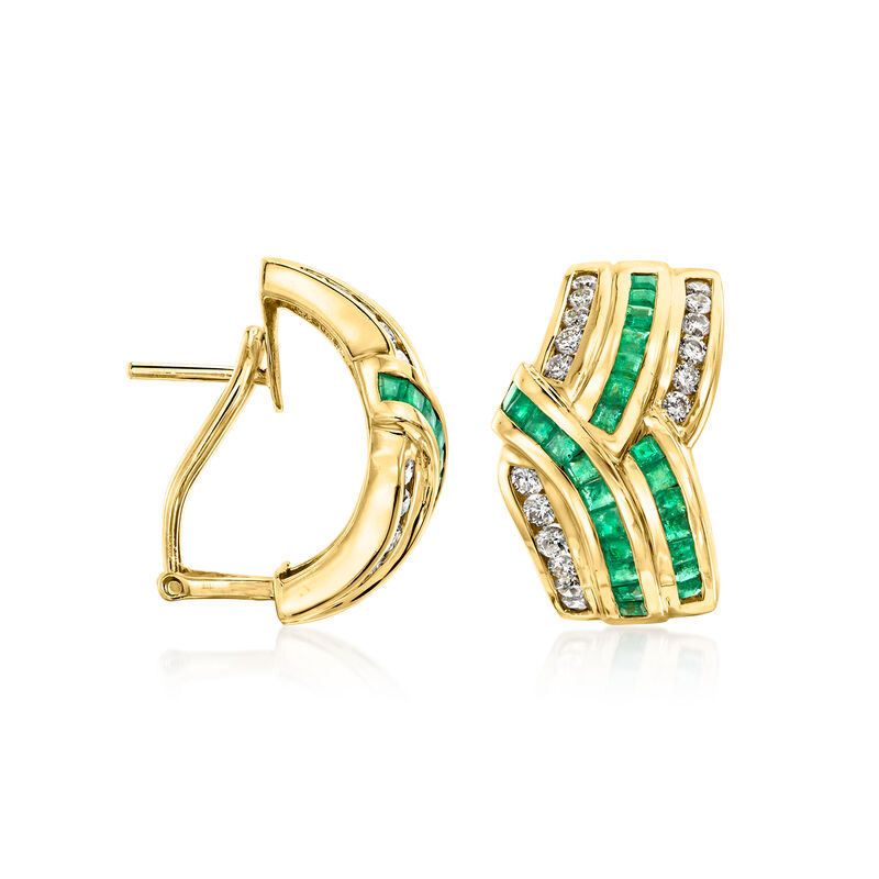C. 1980 Vintage 2.00 ct. t.w. Emerald and 1.00 ct. t.w. Diamond Curved Earrings in 18kt Yellow Gold image number 2