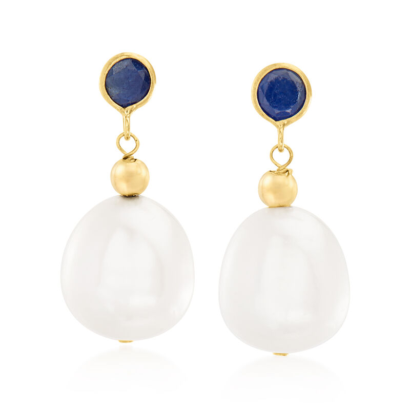 9.5-10.5mm Cultured Pearl and .60 ct. t.w. Sapphire Drop Earrings in 14kt Yellow Gold image number 0