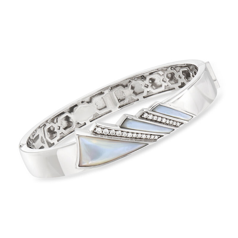 Belle Etoile &quot;Empire&quot; Mother-Of-Pearl and .36 ct. t.w. CZ Bangle Bracelet in Sterling Silver. 7.5&quot; image number 0