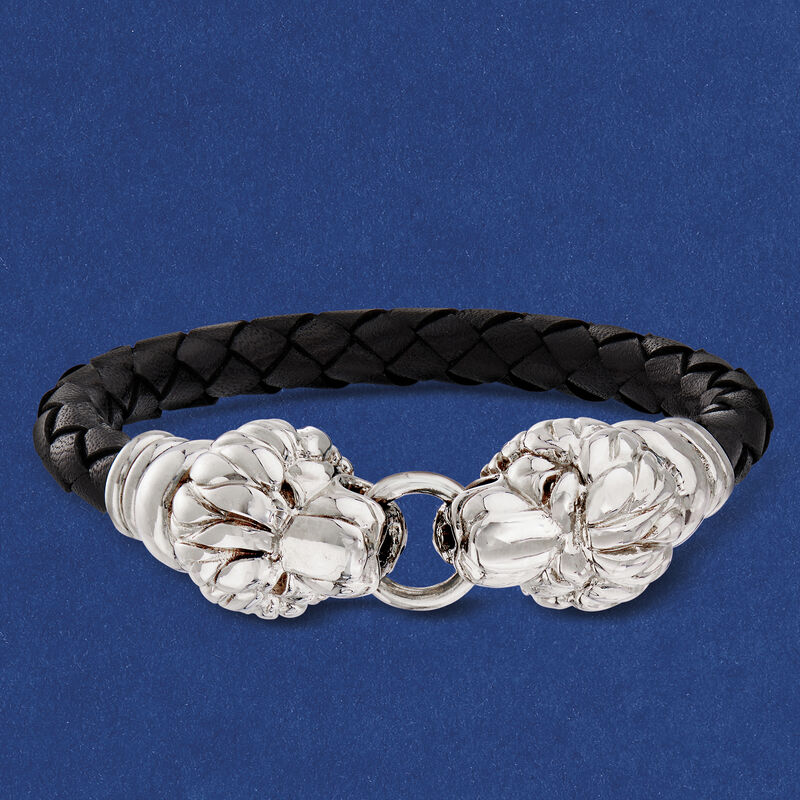 Italian Sterling Silver Double Lion Head Black Leather Bracelet with Magnetic Clasp image number 3