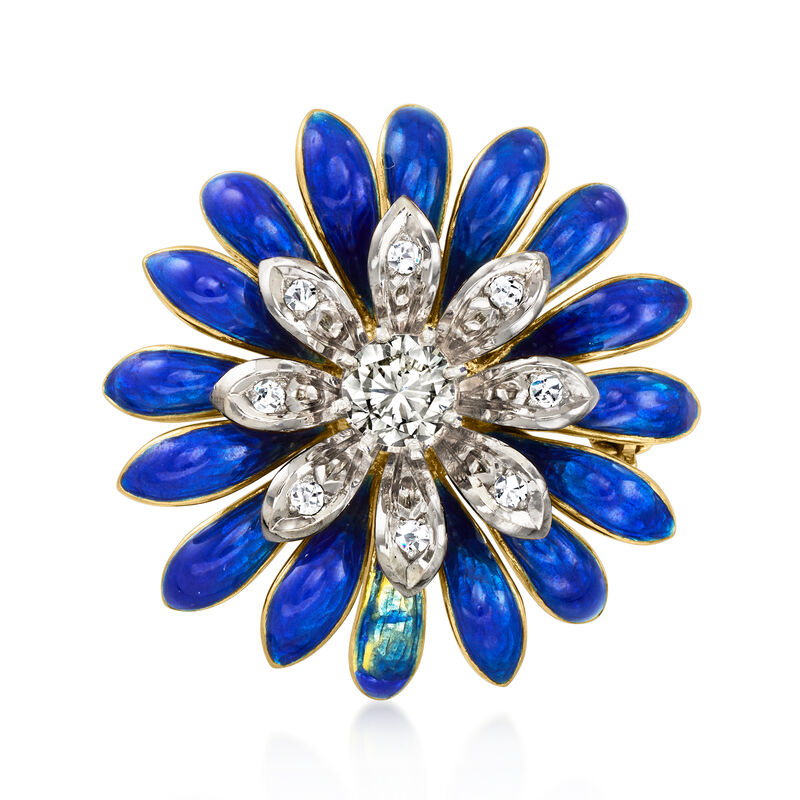 C. 1980 Vintage .85 ct. t.w. Diamond and Blue Enamel Flower Pin in 18kt Yellow Gold image number 0