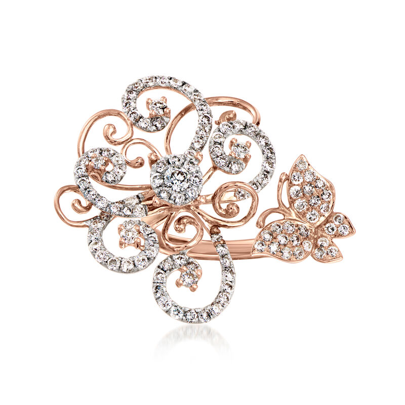 C. 1990 Vintage 2.35 ct. t.w. Diamond Floral Butterfly Cocktail Ring in 18kt Rose Gold image number 0