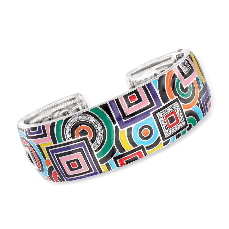 Belle Etoile &quot;Geometrica&quot; Multicolored Enamel and .25 ct. t.w. CZ Cuff Bracelet in Sterling Silver. 7&quot; image number 0