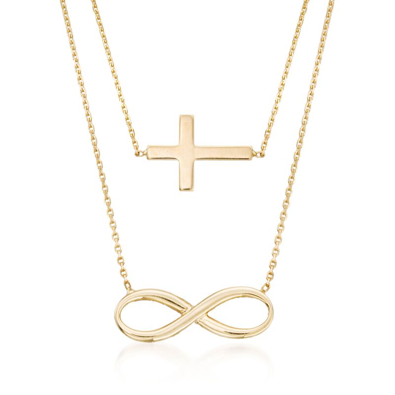 14kt Yellow Gold Infinity and Cross Symbol Layered Necklace image number 0