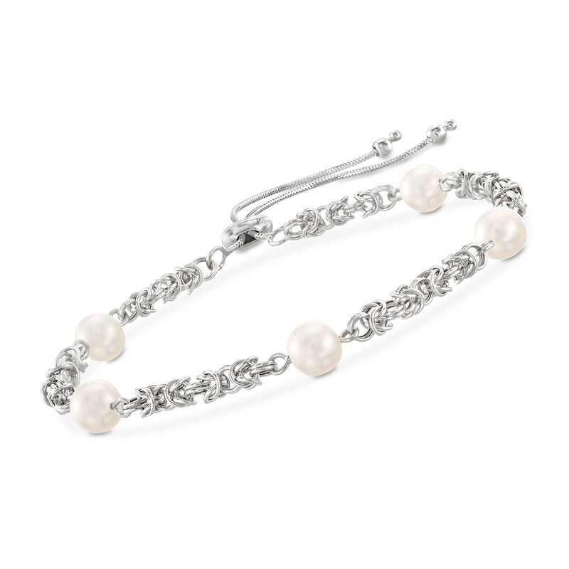 7mm Cultured Pearl Byzantine Link Bolo Bracelet in Sterling Silver image number 0
