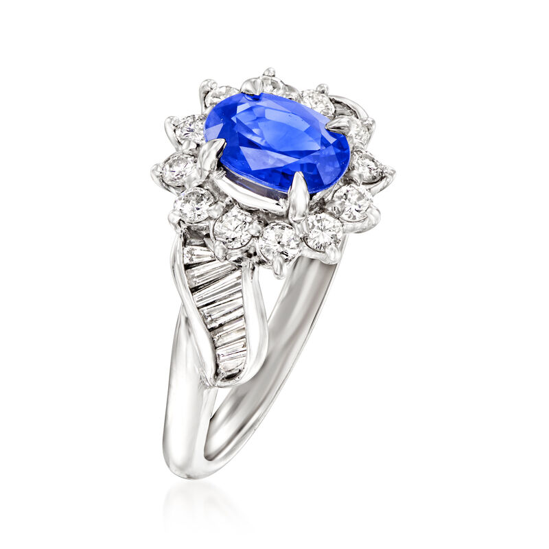 C. 1990 Vintage 1.19 Carat Sapphire and .55 ct. t.w. Diamond Dinner Ring in Platinum. Size 5.5 image number 2