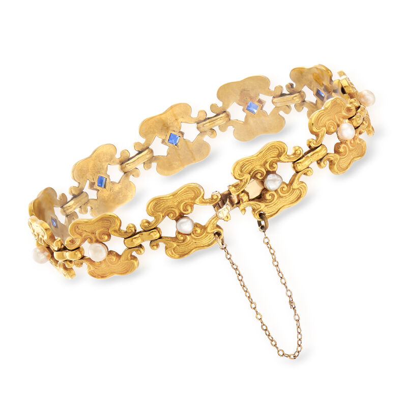 C. 1950 Vintage Synthetic Sapphire and 3mm Cultured Pearl Bracelet in 18kt Yellow Gold. 7&quot; image number 2