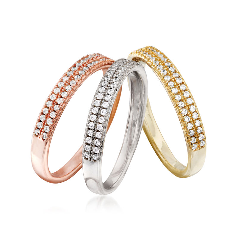.80 ct. t.w. CZ Jewelry Set: Three Rings in Rose and Yellow 18kt Gold Over Sterling and Sterling Silver image number 3