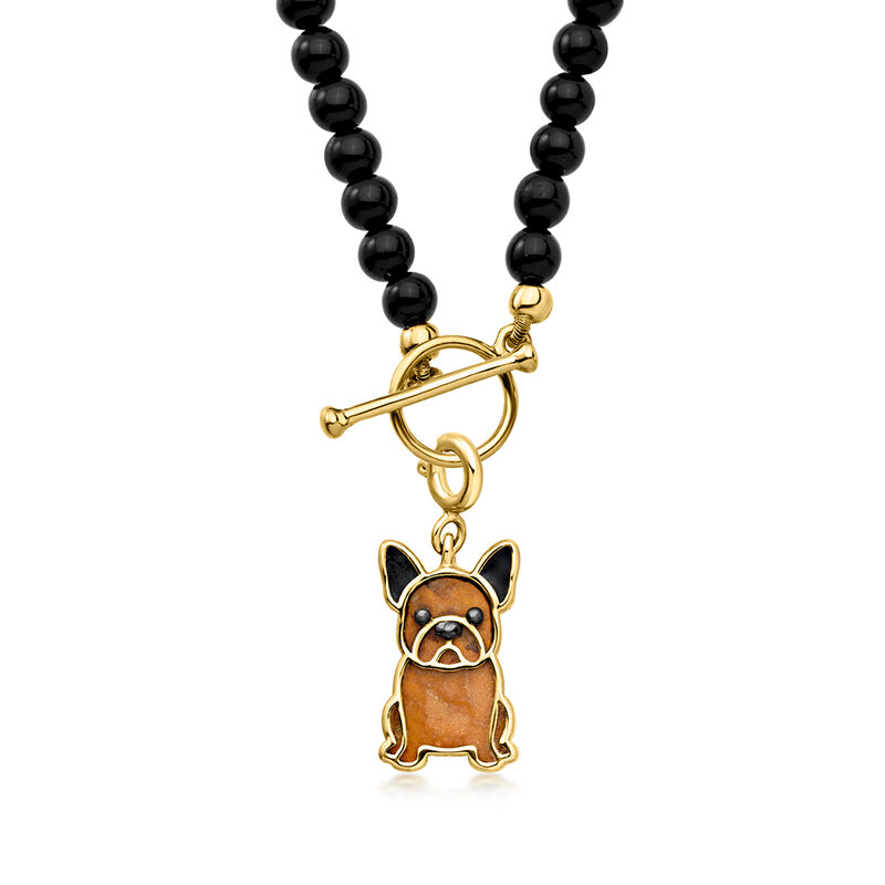 Brown Jasper and Black Enamel French Bulldog Charm in 18kt Gold Over Sterling  image number 2