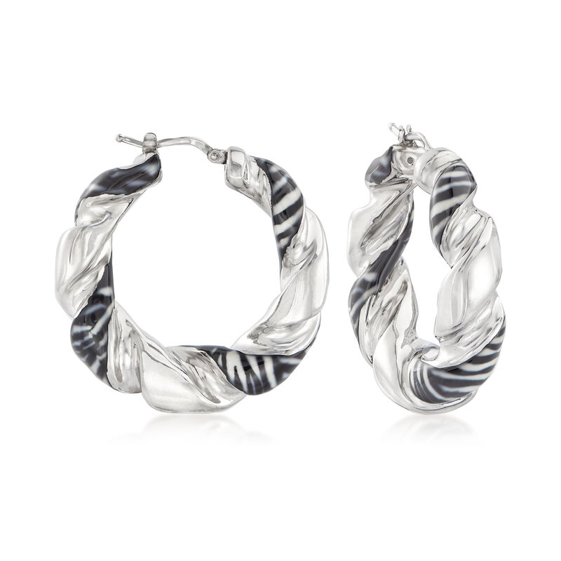 Italian Zebra-Print Enamel Twisted Hoop Earrings in Sterling Silver image number 0