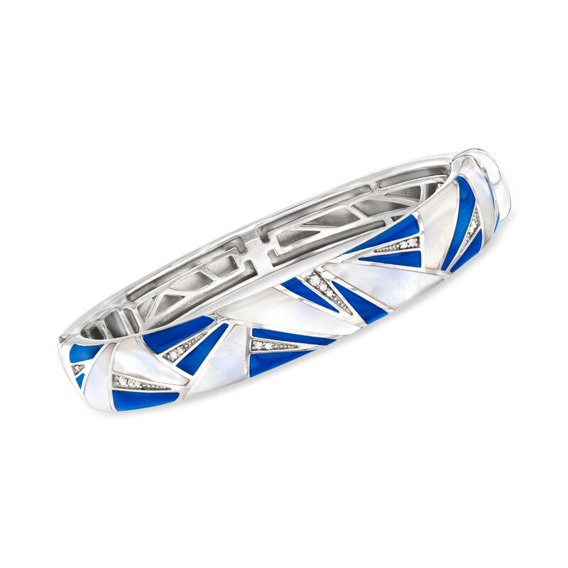 Belle Etoile &quot;Lumina&quot; Mother-of-Pearl and .20 ct. t.w. CZ Bangle Bracelet with Blue Enamel in Sterling Silver. 7.5&quot; image number 0