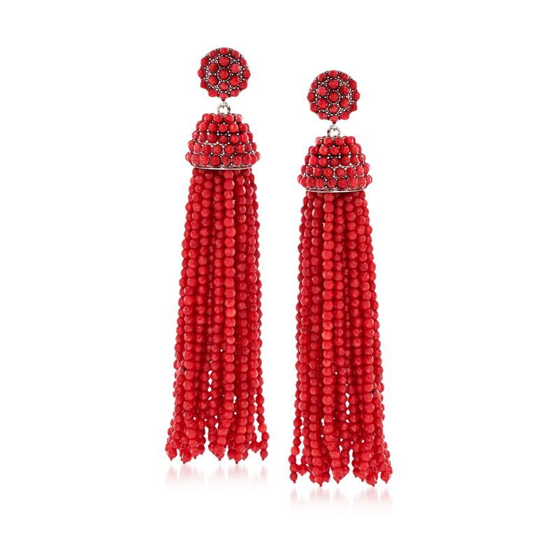 Coral Bead Tassel Drop Earrings in Sterling Silver image number 0