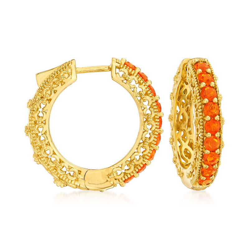 Fire Opal Hoop Earrings in 18kt Gold Over Sterling. 7/8&quot; image number 0
