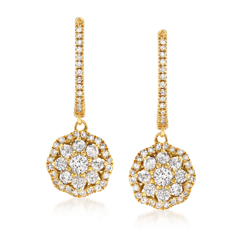 .75 ct. t.w. Diamond Floral Hoop Drop Earrings in 14kt Yellow Gold. 7/8&quot; image number 0