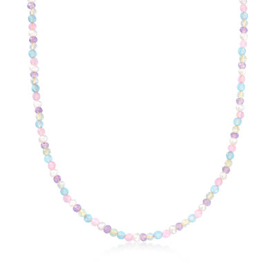 Pastel Multi-Gemstone Bead and 3-3.5mm Cultured Pearl Necklace in 18kt Gold Over Sterling
