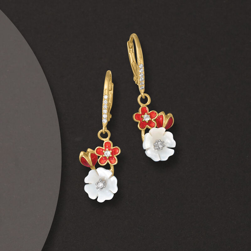 8-9mm Shell Pearl and .20 ct. t.w. White Topaz Flower Drop Earrings in 18kt Gold Over Sterling with Red Enamel image number 2