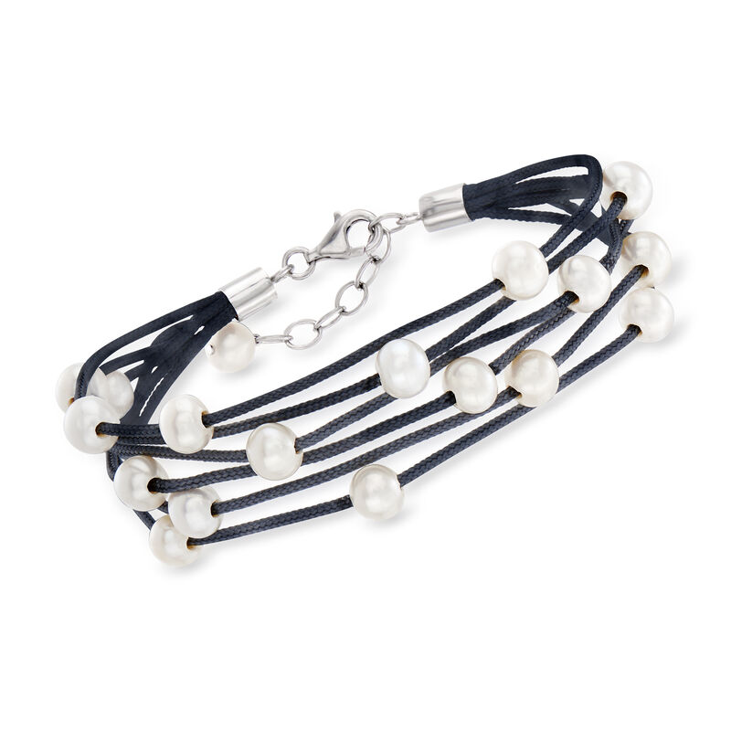 6.5-7mm Cultured Pearl Multi-Strand Gray Cord Bracelet with Sterling Silver image number 0