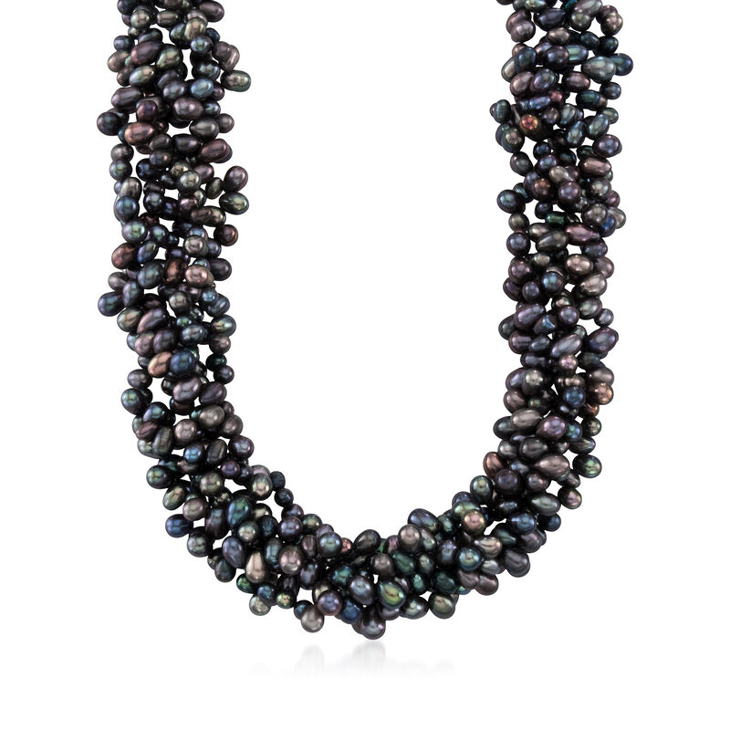 5-6mm Black Cultured Pearl Torsade Necklace with Sterling Silver image number 0