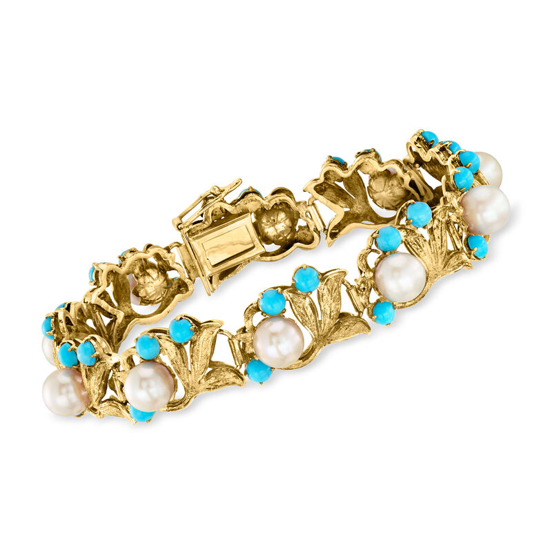 C. 1960 Vintage 6.5mm Cultured Pearl Floral Bracelet with Turquoise in 14kt Yellow Gold image number 0