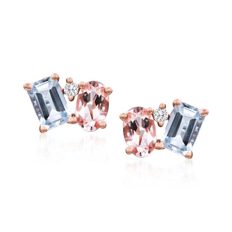 1.10 ct. t.w. Emerald-Cut Aquamarine and .70 ct. t.w. Oval Morganite Toi et Moi Earrings with Diamonds in 14kt Rose Gold  image number 0