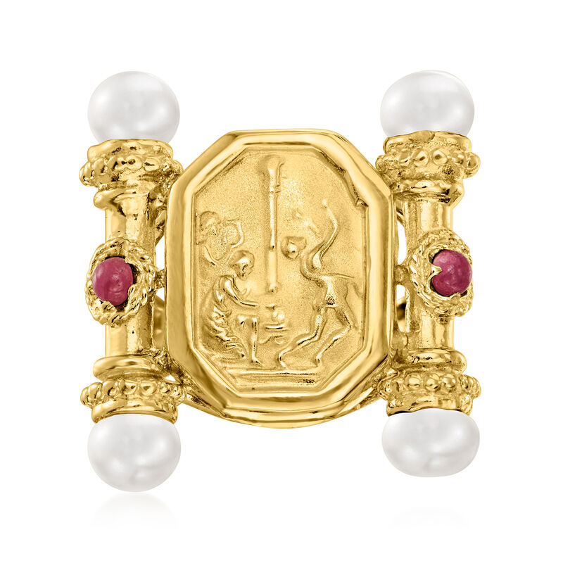 Italian Tagliamonte 5-5.5mm Cultured Pearl and .40 ct. t.w. Ruby Etruscan-Style Ring in 18kt Gold Over Sterling image number 0