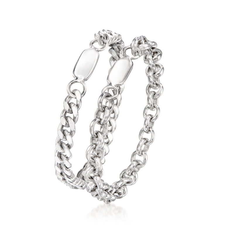 Sterling Silver Jewelry Set: Two Curb and Rolo-Link Rings. Size 7 image number 2