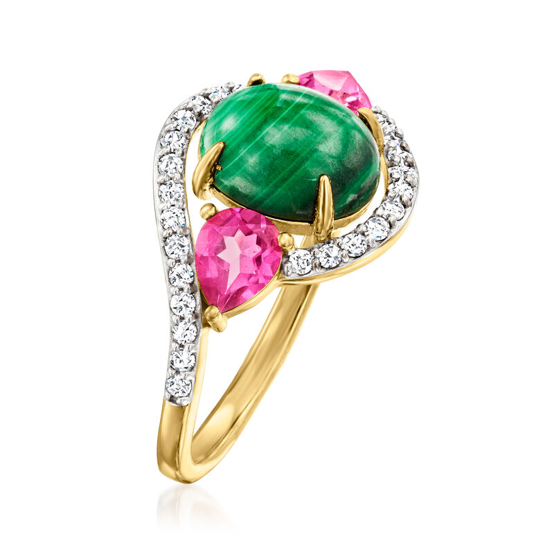 Malachite, and 1.00 ct. t.w. Pink and White Topaz Ring in 18kt Gold Over Sterling image number 2
