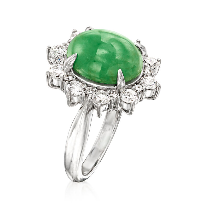 C. 1980 Vintage Jade and .88 ct. t.w. Diamond Ring in Platinum. Size 6 image number 2