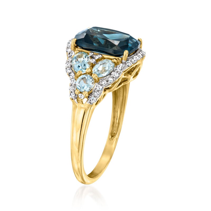 4.10 Carat London Blue Topaz Ring with 1.00 ct. t.w. Swiss Blue Topaz and .22 ct. t.w. Diamonds in 14kt Yellow Gold image number 1
