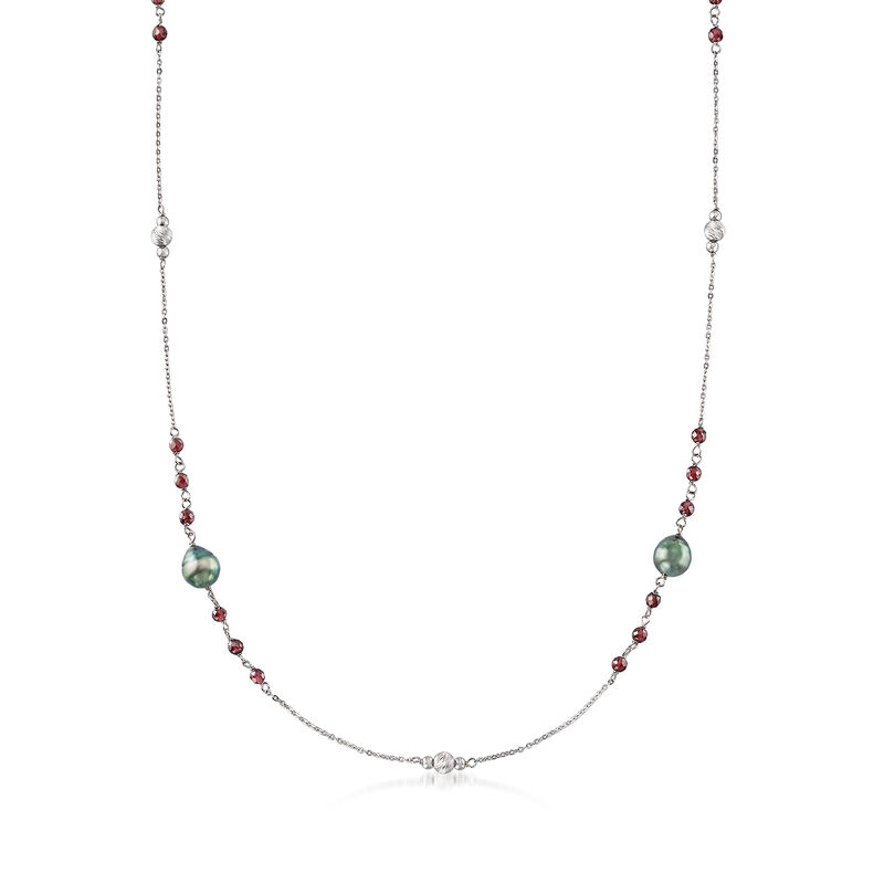 8-9mm Cultured Tahitian Pearl and 8.25 ct. t.w. Garnet Necklace in Sterling Silver image number 0